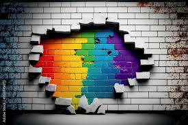 crumbling brick wall with rainbow brick