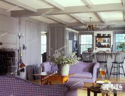 gray wood paneling plaid sofas