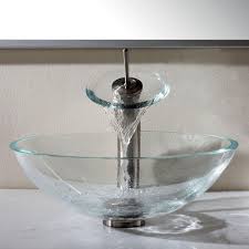 Kraus C Gv 100 12mm 10sn Crystal Clear Glass Vessel Sink And Waterfall Faucet Satin Nickel