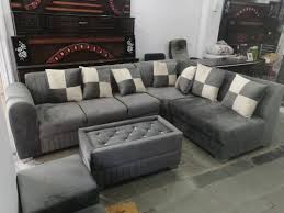 wooden l shape sofa set with tebal 2 puffy