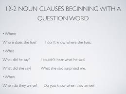 This page has lots of examples of noun clauses and an interactive exercise. 12 2 Noun Clauses Beginning With A Question Word Grammar Esl Esl Grammar English Showme