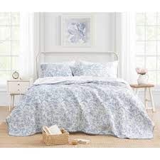 Soft Blue Fl Cotton Twin Quilt Set
