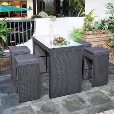 5 Piece Rattangray Wicker Outdoor Dining Patio Furniture Set Bar Table Set With 4 Stools Gray Cushion