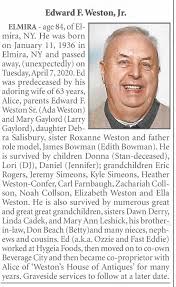 Obituary for Edward F. Weston, 1936-2020 (Aged 84)
