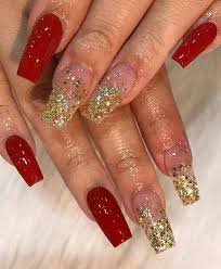 Acrylic nails are especially for people who feel like their nails never grow. 65 Christmas Holiday Coffin Nail Designs In Red And Gold Gold Acrylic Nails Prom Nails Red Quinceanera Nails
