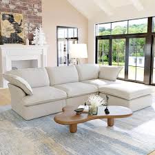 Magic Home 122 83 In Contemporary Down Filled Comfort Overstuffed Linen Modular L Shaped Sectional 3 Seater And Ottoman Beige