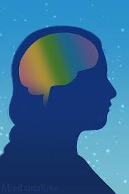 Drawing of a femme-presenting person with a rainbow-colored brain
