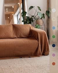 Waffle Linen Couch Cover In Cinnamon