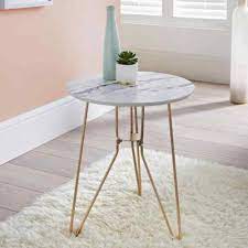 Side Table Marble Effect Top With Gold