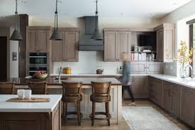 75 kitchen with brown cabinets and gray
