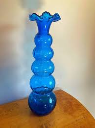 Vintage Mcm Blue Glass Vase Tall Blue