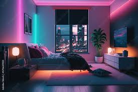 modern bedroom interior with neon