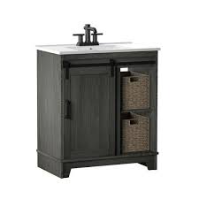 Find bathroom vanities for your home. Twin Star Home 30 In D X 18 In W X 34 In Barn Door Bath Vanity In Geneva Oak W Vanity Top In White And White Basin 30bv34004 Po130 The Home Depot