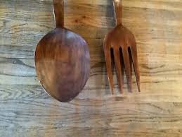 Vtg Large Carved Wooden Fork And Spoon