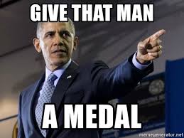 President barack obama awarding the presidential medal of freedom to bill clinton, harvey weinstein, anthony weiner and bill cosby with the caption. Give That Man A Medal Obama Points Meme Generator