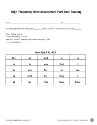 High Frequency Word Assessment Part One Reading Benchmark