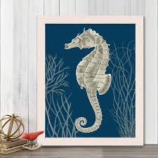 Buy Silver Grey Seahorse Print On Blue