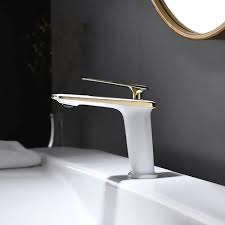 White And Gold Single Hole Single Handle Solid Brass Bathroom Sink Faucet