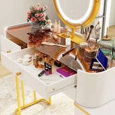 fufu a white wood big makeup vanity table dressing desk with gl top dimmable led lighted mirror 6 drawers