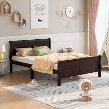 Polibi 62 50 In W Espresso Brown Queen Solid Wood Sleigh Bed With Headboard And Wood Slat Support