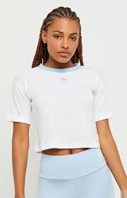 Adidas White Light Blue Cropped Ringer T Shirt Pacsun
