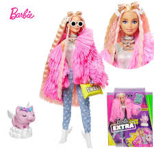 Quick view barbie® extra doll & vanity playset with exclusive doll, pet puppy, vanity & 45+ piecesopens a popup. Barbie Extra Doll Pink Fluffy Coat Crimped Hair And Pet Unicorn Pig With Gummy Bear Ring Accessories Kids Toy Grn28 Dolls Aliexpress
