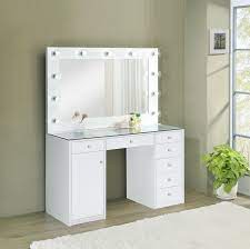 coaster 7 drawer gl top vanity desk with lighting white
