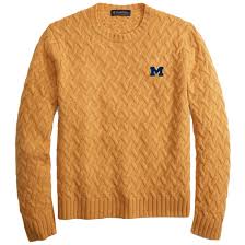 Brooks Brothers University Of Michigan Yellow Lambs Wool Traveling Cable Knit Crewneck Sweater