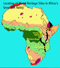 This map shows a combination of political and physical features. Great Rift African World Heritage Sites