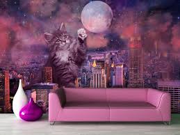 Purple Cat Motif On A City And Moon