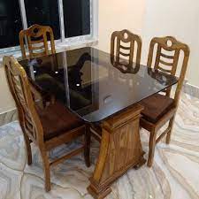 Glass Top Teak Wood Four Seater Table