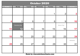 October 2020 Calendar Printable With Holidays Calendar