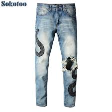 Us 39 9 30 Off Sokotoo Mens Snake Embroidery Patch Design Blue Ripped Jeans Slim Skinny Light Blue Stretch Distressed Denim Pants In Jeans From
