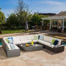 Noble House Santa Cruz Outdoor 10 Seater Wicker Sectional Sofa Set With Cushions Gray White