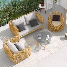 4 pieces rattan outdoor sofa set with gl top coffee table and cushions in yellow