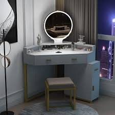 corner vanity set with lighted mirror