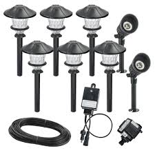 Hampton Bay Low Voltage Black Outdoor Integrated Led Landscape Path Light And Deluxe Micro Spot Light Kit 8 Pack Hdc33943bk The Home Depot