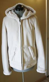 Jones New York Jacket Coat Faux Suede Faux Sherpa Lined Hooded Off White Size M