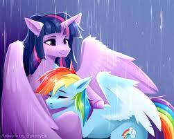 2873453 - safe, artist:buvanybu, rainbow dash, twilight sparkle, alicorn,  pegasus, pony, female, hug, lesbian, rain, shipping, twidash, twilight  sparkle (alicorn) - Derpibooru