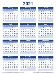 Below given 2021 printable calendar that has all the 12 months calendar printed on one page. Download A Free Printable 2021 Yearly Calendar From Vertex42 Com Calendar Printables Free Printable Calendar Printable Yearly Calendar