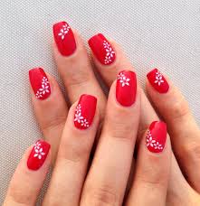 Red Nails With White Flowers Simple Nail Art Unghie