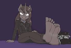 2397267 - safe, artist:caroo, oc, oc only, oc:obsidian, unicorn, anthro,  plantigrade anthro, barefoot, crossed legs, feet, fetish, foot fetish, foot  focus, shoes removed, soles, solo, toes - Derpibooru