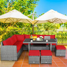 7 Pieces Patio Rattan Dining Furniture Sectional Sofa Set With Wicker Ottoman Red