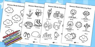 Includes images of baby animals, flowers, rain showers, and more. Season Words Colouring Sheets