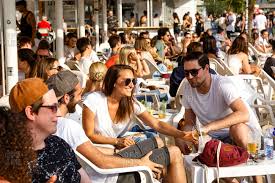 Look at the clues on the board and tell us what these two things are! May 31 2018 People At The Tel Aviv Beach Bar By The Danube Riverside Vienna Austria Stock Photo Offset