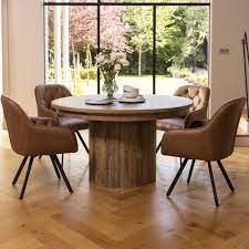 Fiona Extending Round Dining Table & 4 Riga Brown Fabric Buttoned Back  Swivel Dining Chair
