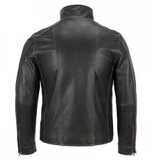Mens Black Rivet Leather Faded Seam Moto Jacket
