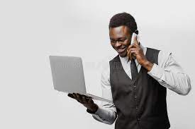 Online Dating Agency. Black Man with Laptop and Phone Speaks with Women All  Over the World. Business Man Finding His Stock Photo - Image of american,  office: 222039382