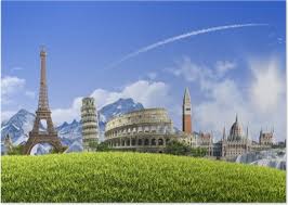 Plakát Letní cestování po celé Evropě - slunečné krajina pozadí s slavné  památky a travnatém kopci nad jasně modré obloze - PIXERS.CZ