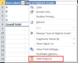 how to hide show pivot table field list